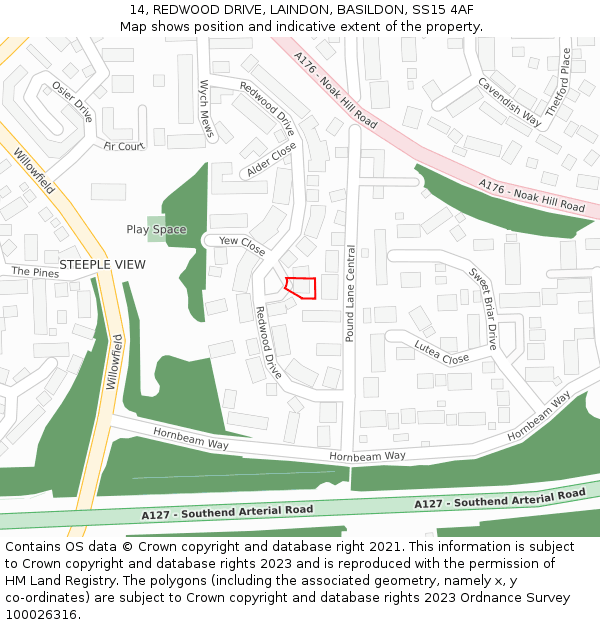 14, REDWOOD DRIVE, LAINDON, BASILDON, SS15 4AF: Location map and indicative extent of plot