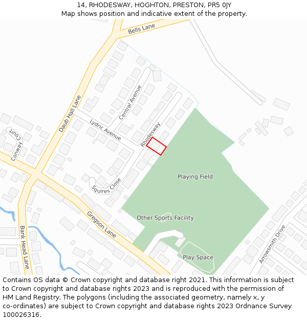 14, RHODESWAY, HOGHTON, PRESTON, PR5 0JY: Location map and indicative extent of plot