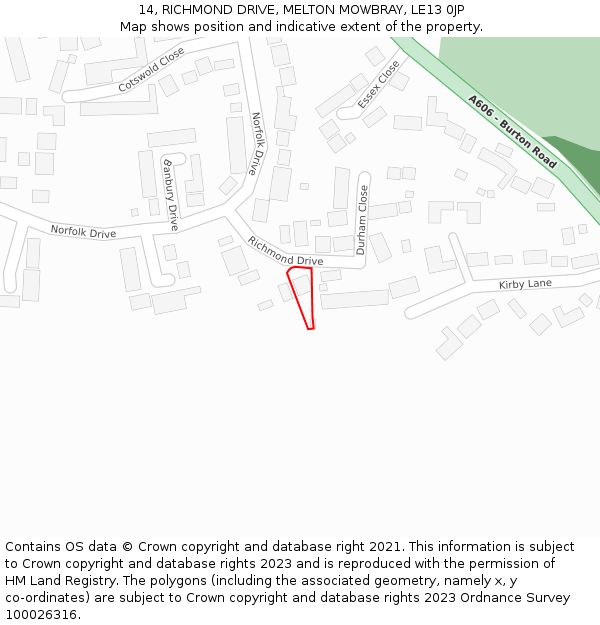 14, RICHMOND DRIVE, MELTON MOWBRAY, LE13 0JP: Location map and indicative extent of plot