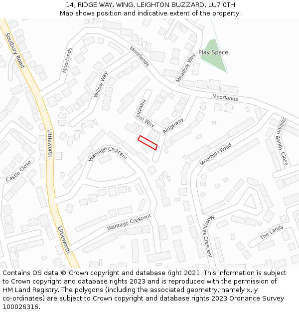 14, RIDGE WAY, WING, LEIGHTON BUZZARD, LU7 0TH: Location map and indicative extent of plot