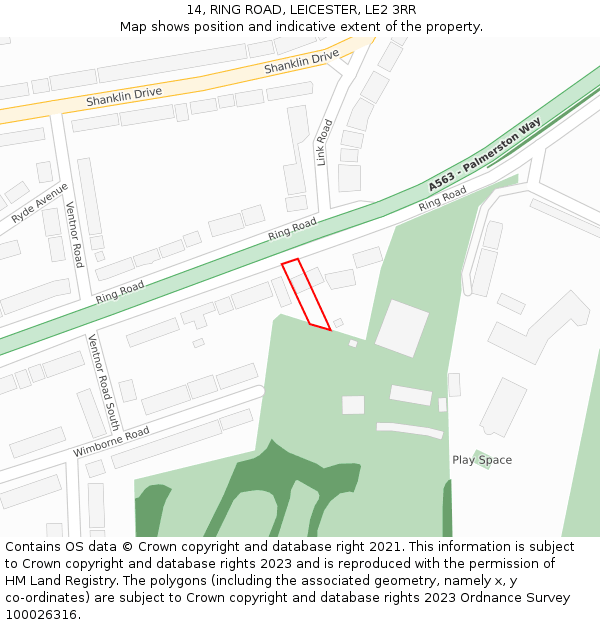 14, RING ROAD, LEICESTER, LE2 3RR: Location map and indicative extent of plot