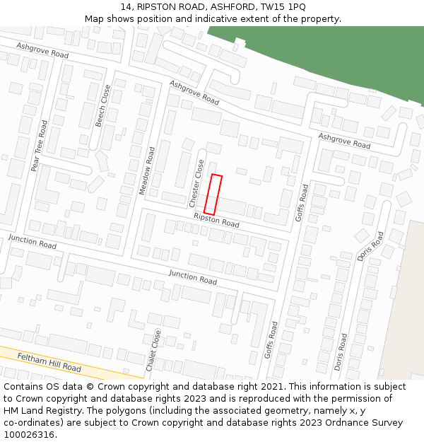 14, RIPSTON ROAD, ASHFORD, TW15 1PQ: Location map and indicative extent of plot