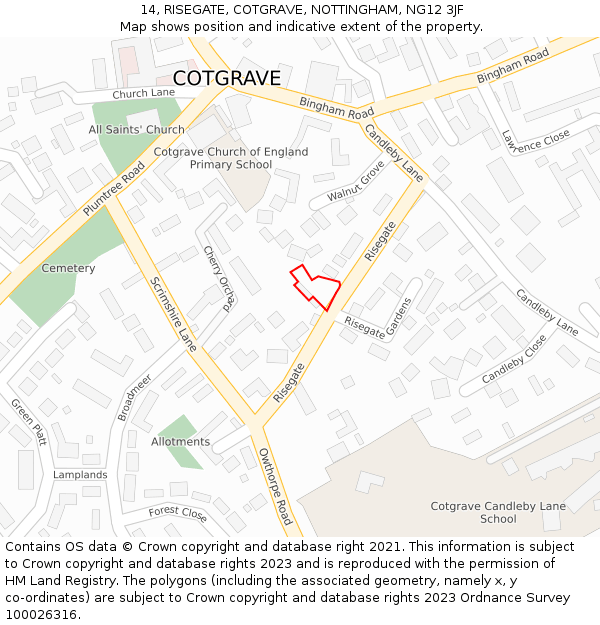 14, RISEGATE, COTGRAVE, NOTTINGHAM, NG12 3JF: Location map and indicative extent of plot