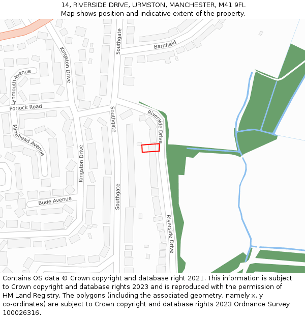 14, RIVERSIDE DRIVE, URMSTON, MANCHESTER, M41 9FL: Location map and indicative extent of plot