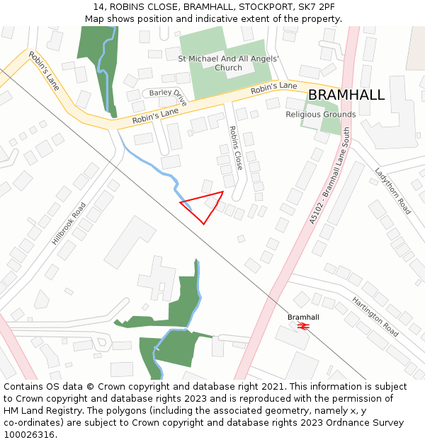 14, ROBINS CLOSE, BRAMHALL, STOCKPORT, SK7 2PF: Location map and indicative extent of plot