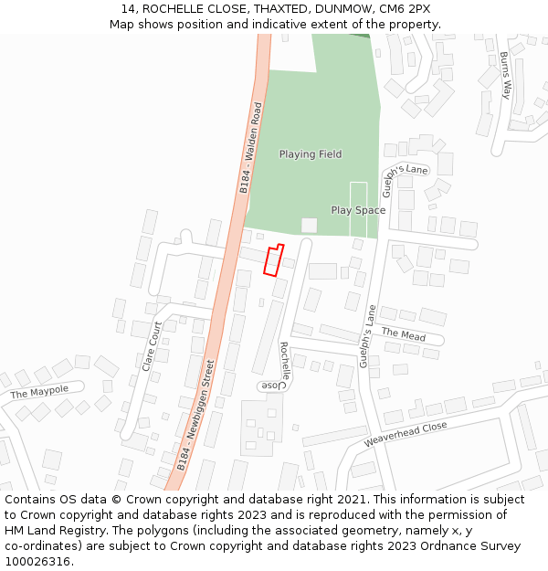 14, ROCHELLE CLOSE, THAXTED, DUNMOW, CM6 2PX: Location map and indicative extent of plot