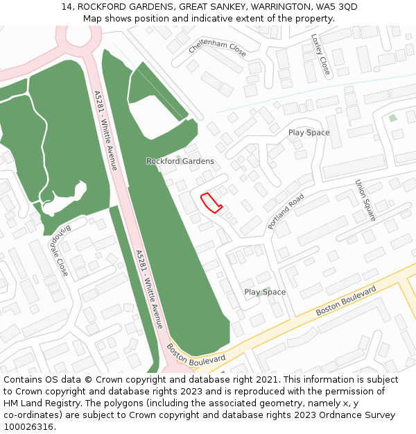 14, ROCKFORD GARDENS, GREAT SANKEY, WARRINGTON, WA5 3QD: Location map and indicative extent of plot