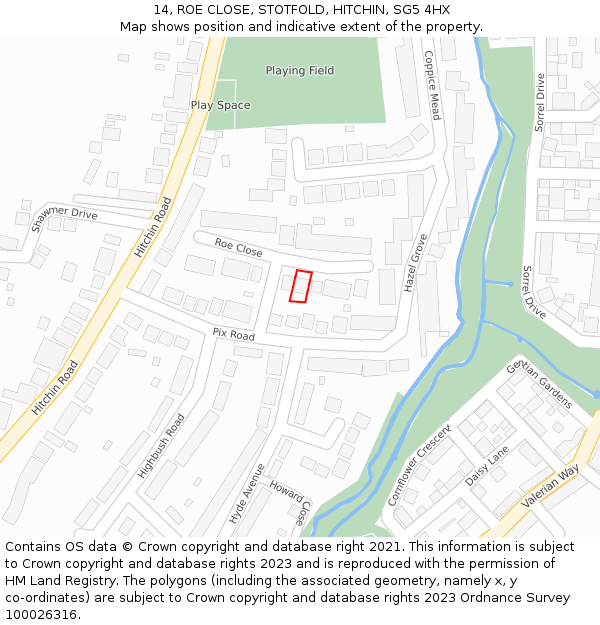 14, ROE CLOSE, STOTFOLD, HITCHIN, SG5 4HX: Location map and indicative extent of plot