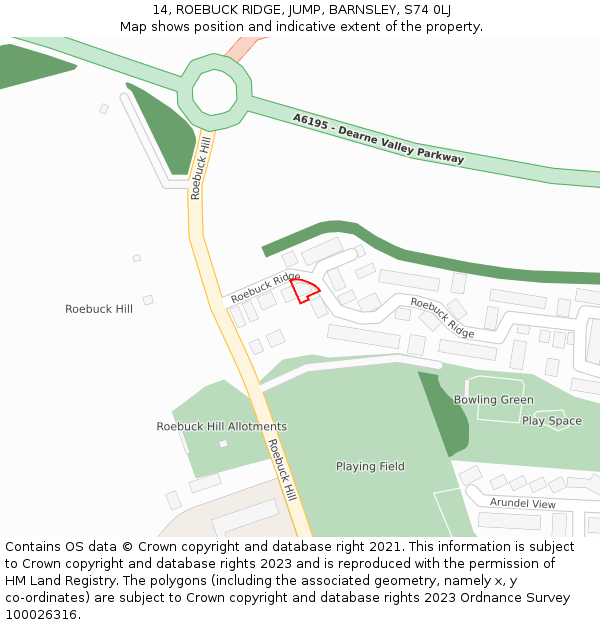 14, ROEBUCK RIDGE, JUMP, BARNSLEY, S74 0LJ: Location map and indicative extent of plot