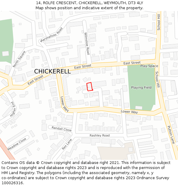 14, ROLFE CRESCENT, CHICKERELL, WEYMOUTH, DT3 4LY: Location map and indicative extent of plot