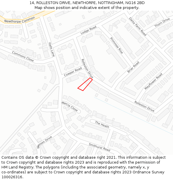 14, ROLLESTON DRIVE, NEWTHORPE, NOTTINGHAM, NG16 2BD: Location map and indicative extent of plot