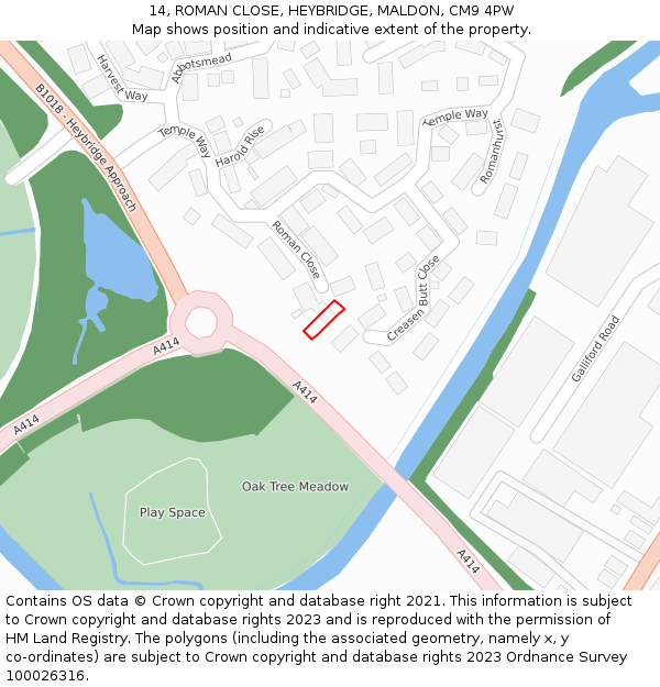 14, ROMAN CLOSE, HEYBRIDGE, MALDON, CM9 4PW: Location map and indicative extent of plot