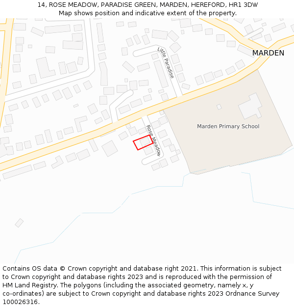 14, ROSE MEADOW, PARADISE GREEN, MARDEN, HEREFORD, HR1 3DW: Location map and indicative extent of plot