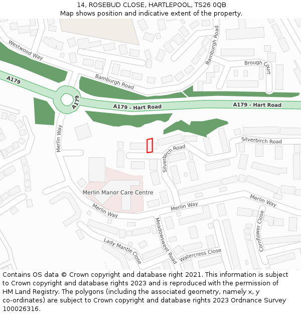 14, ROSEBUD CLOSE, HARTLEPOOL, TS26 0QB: Location map and indicative extent of plot