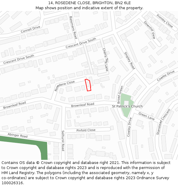 14, ROSEDENE CLOSE, BRIGHTON, BN2 6LE: Location map and indicative extent of plot