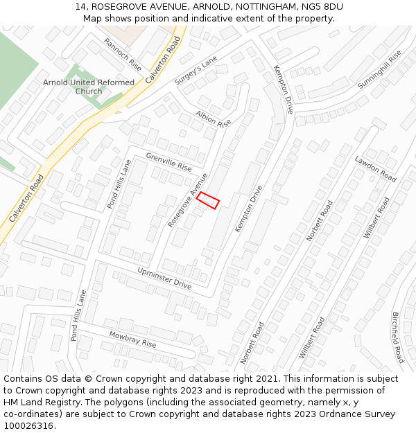 14, ROSEGROVE AVENUE, ARNOLD, NOTTINGHAM, NG5 8DU: Location map and indicative extent of plot