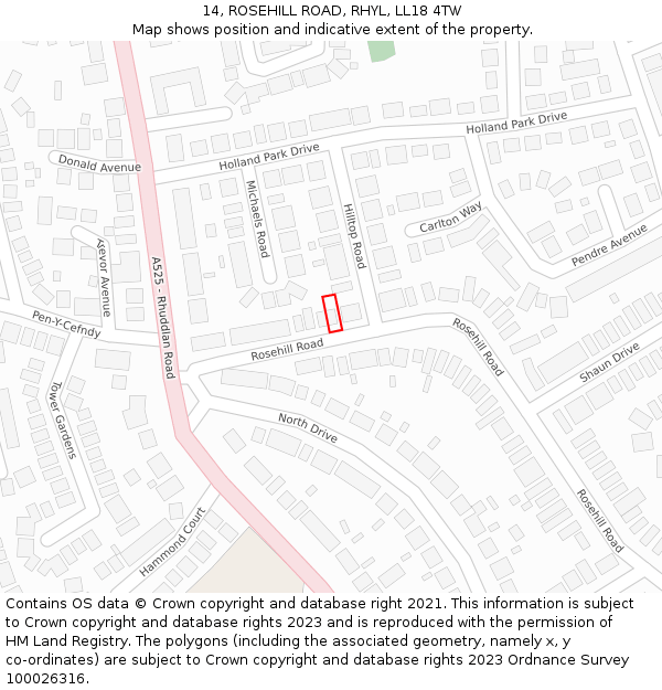 14, ROSEHILL ROAD, RHYL, LL18 4TW: Location map and indicative extent of plot