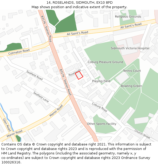 14, ROSELANDS, SIDMOUTH, EX10 8PD: Location map and indicative extent of plot