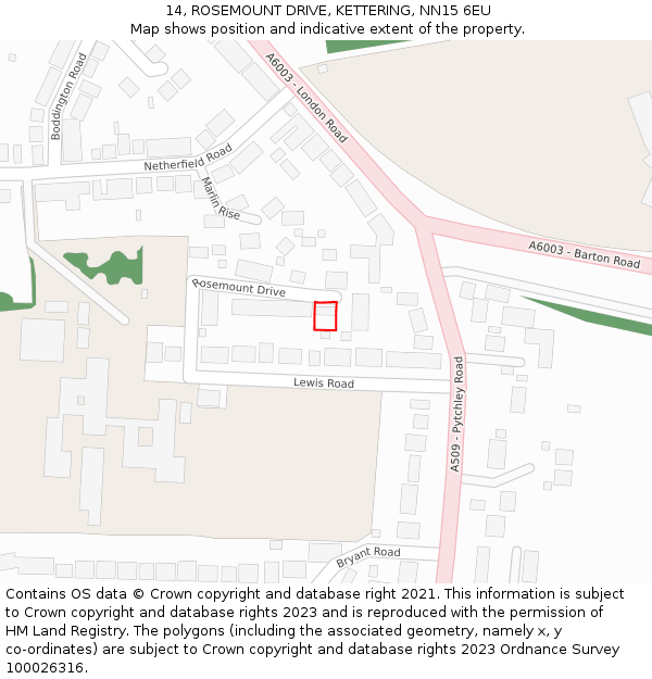 14, ROSEMOUNT DRIVE, KETTERING, NN15 6EU: Location map and indicative extent of plot