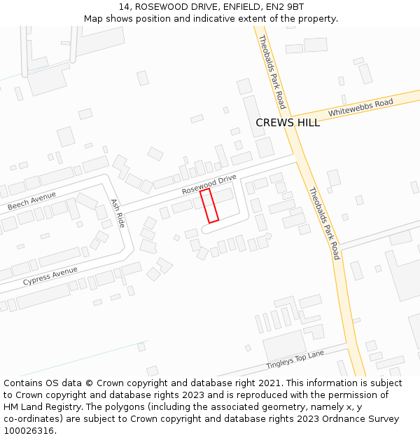 14, ROSEWOOD DRIVE, ENFIELD, EN2 9BT: Location map and indicative extent of plot