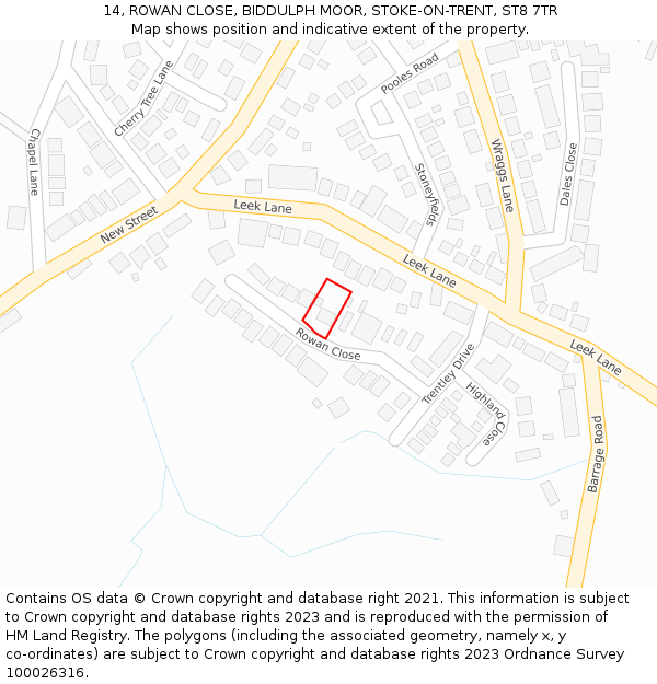 14, ROWAN CLOSE, BIDDULPH MOOR, STOKE-ON-TRENT, ST8 7TR: Location map and indicative extent of plot