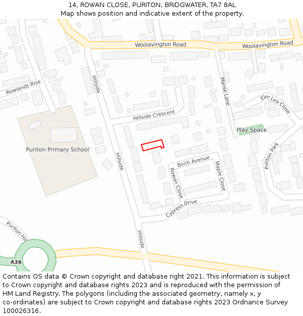 14, ROWAN CLOSE, PURITON, BRIDGWATER, TA7 8AL: Location map and indicative extent of plot