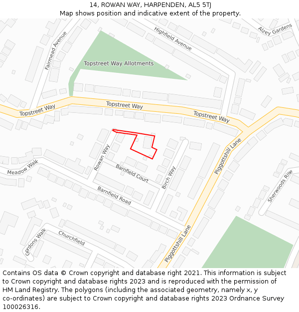 14, ROWAN WAY, HARPENDEN, AL5 5TJ: Location map and indicative extent of plot