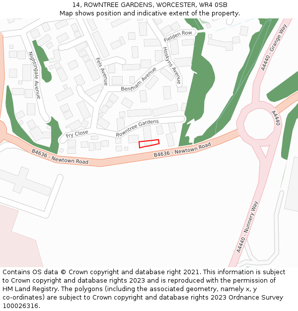 14, ROWNTREE GARDENS, WORCESTER, WR4 0SB: Location map and indicative extent of plot