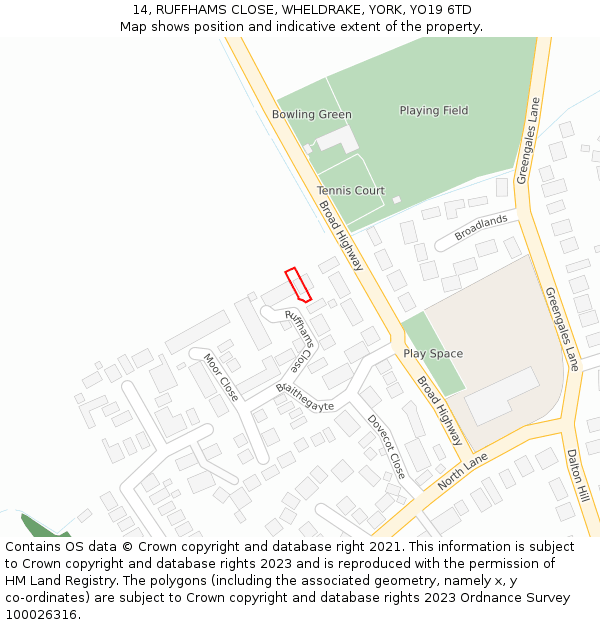 14, RUFFHAMS CLOSE, WHELDRAKE, YORK, YO19 6TD: Location map and indicative extent of plot