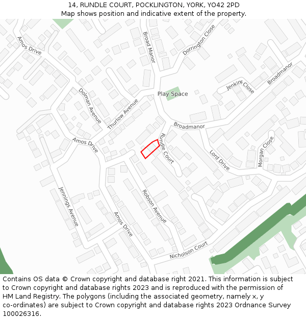 14, RUNDLE COURT, POCKLINGTON, YORK, YO42 2PD: Location map and indicative extent of plot