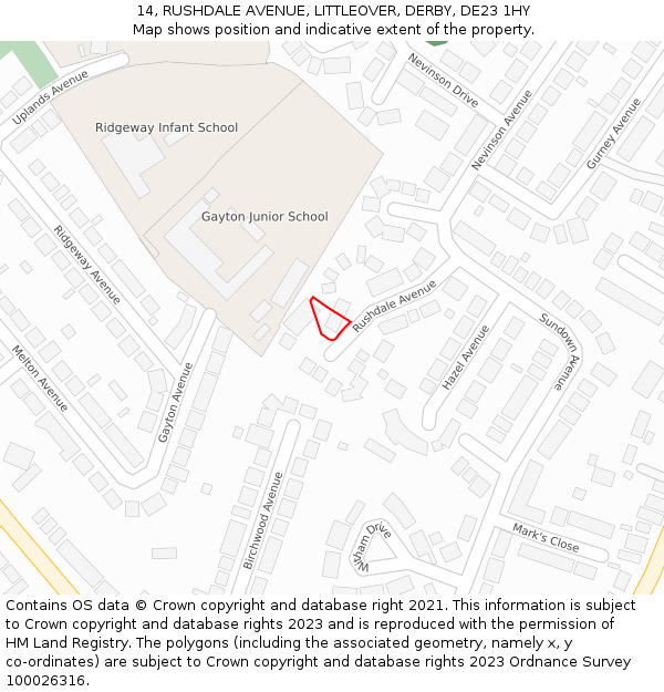 14, RUSHDALE AVENUE, LITTLEOVER, DERBY, DE23 1HY: Location map and indicative extent of plot