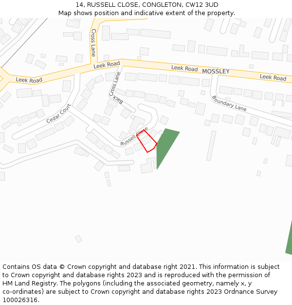 14, RUSSELL CLOSE, CONGLETON, CW12 3UD: Location map and indicative extent of plot