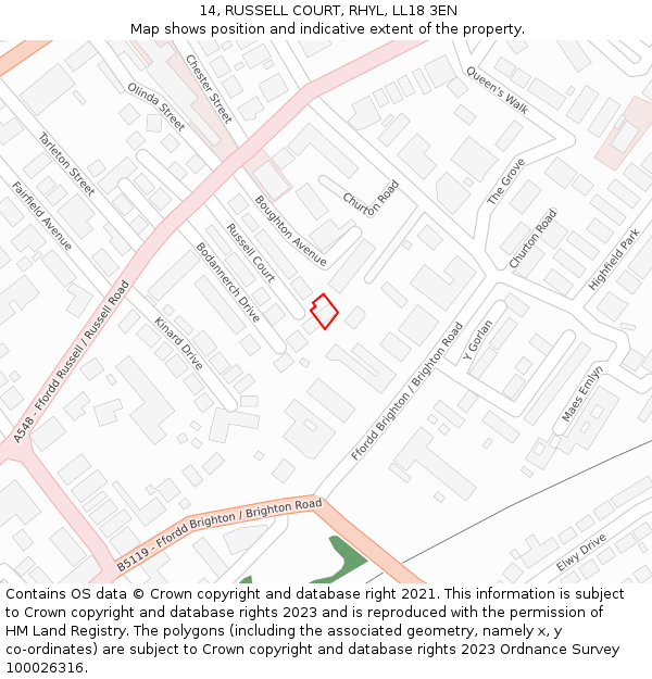 14, RUSSELL COURT, RHYL, LL18 3EN: Location map and indicative extent of plot