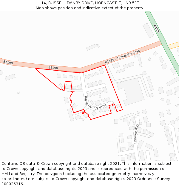 14, RUSSELL DANBY DRIVE, HORNCASTLE, LN9 5FE: Location map and indicative extent of plot