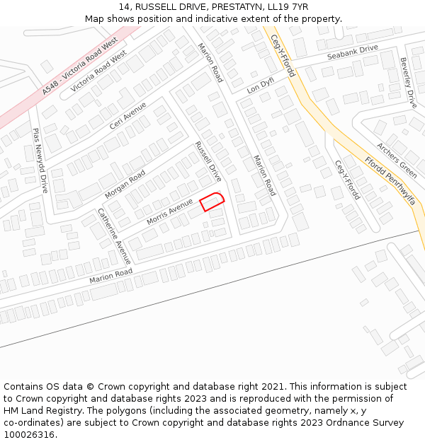 14, RUSSELL DRIVE, PRESTATYN, LL19 7YR: Location map and indicative extent of plot