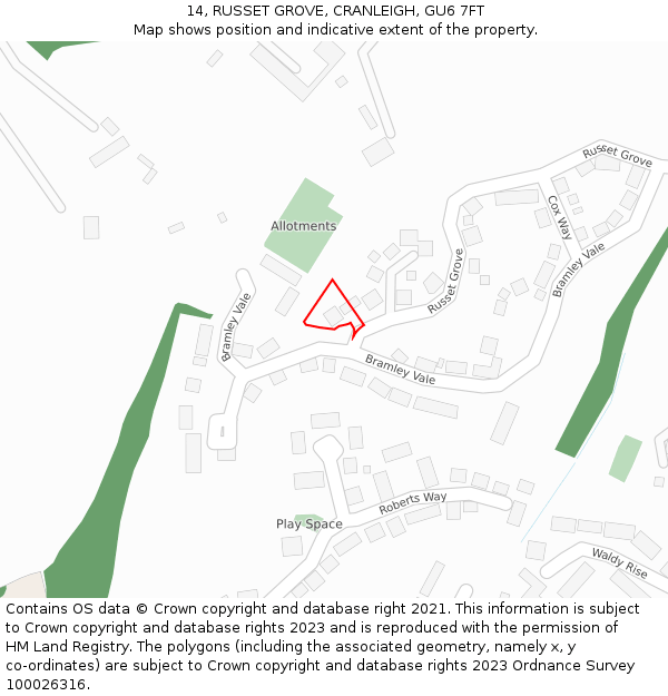 14, RUSSET GROVE, CRANLEIGH, GU6 7FT: Location map and indicative extent of plot