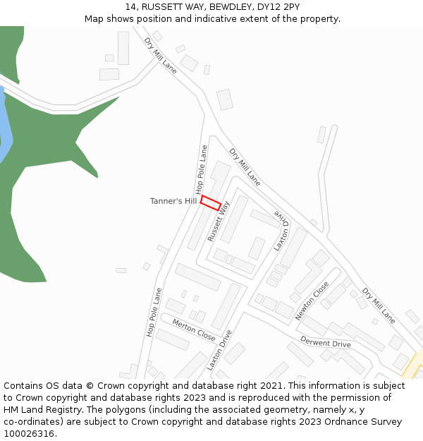 14, RUSSETT WAY, BEWDLEY, DY12 2PY: Location map and indicative extent of plot