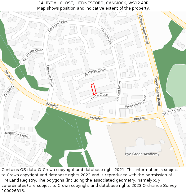 14, RYDAL CLOSE, HEDNESFORD, CANNOCK, WS12 4RP: Location map and indicative extent of plot