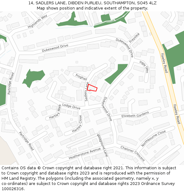 14, SADLERS LANE, DIBDEN PURLIEU, SOUTHAMPTON, SO45 4LZ: Location map and indicative extent of plot