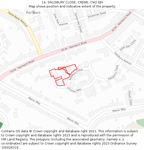 14, SALISBURY CLOSE, CREWE, CW2 6JN: Location map and indicative extent of plot