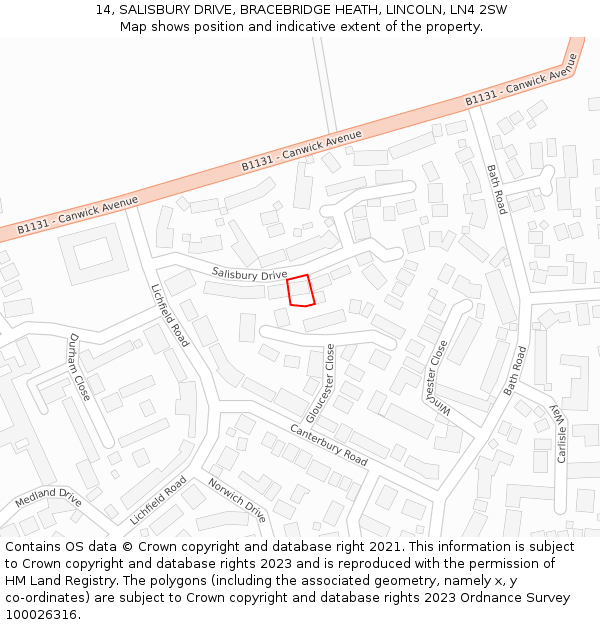 14, SALISBURY DRIVE, BRACEBRIDGE HEATH, LINCOLN, LN4 2SW: Location map and indicative extent of plot