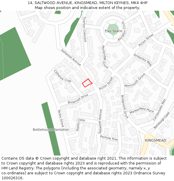 14, SALTWOOD AVENUE, KINGSMEAD, MILTON KEYNES, MK4 4HP: Location map and indicative extent of plot