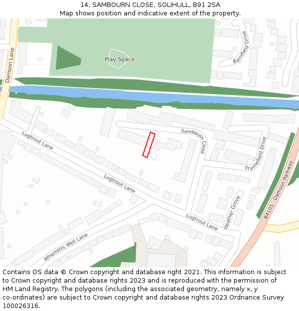 14, SAMBOURN CLOSE, SOLIHULL, B91 2SA: Location map and indicative extent of plot