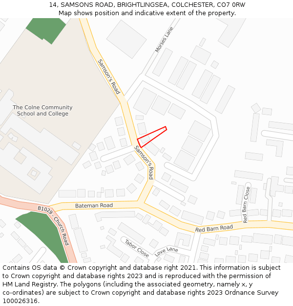 14, SAMSONS ROAD, BRIGHTLINGSEA, COLCHESTER, CO7 0RW: Location map and indicative extent of plot