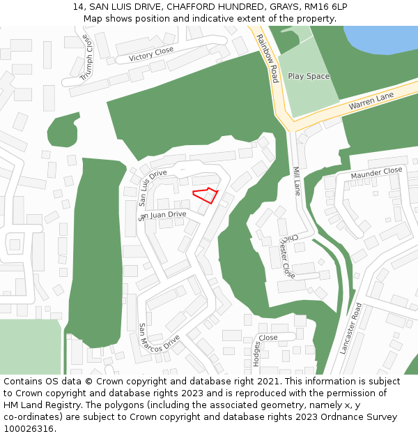 14, SAN LUIS DRIVE, CHAFFORD HUNDRED, GRAYS, RM16 6LP: Location map and indicative extent of plot