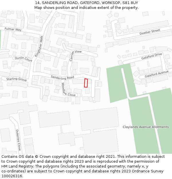 14, SANDERLING ROAD, GATEFORD, WORKSOP, S81 8UY: Location map and indicative extent of plot