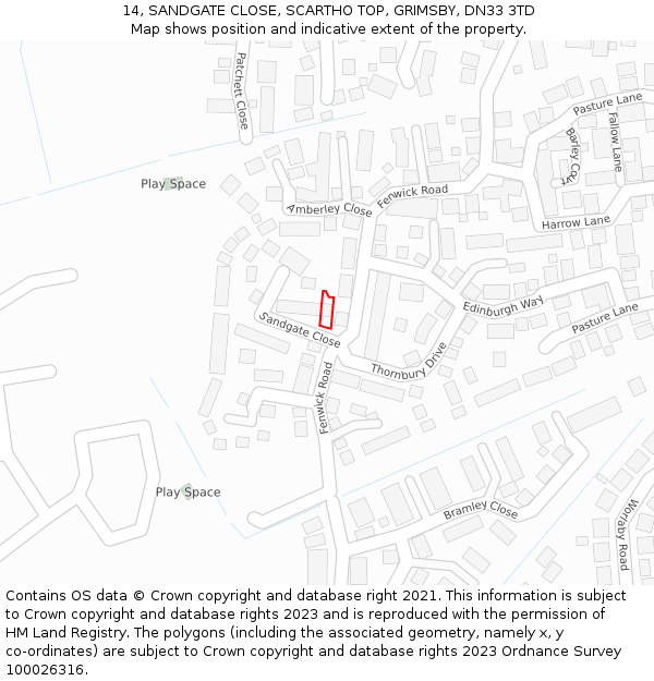 14, SANDGATE CLOSE, SCARTHO TOP, GRIMSBY, DN33 3TD: Location map and indicative extent of plot