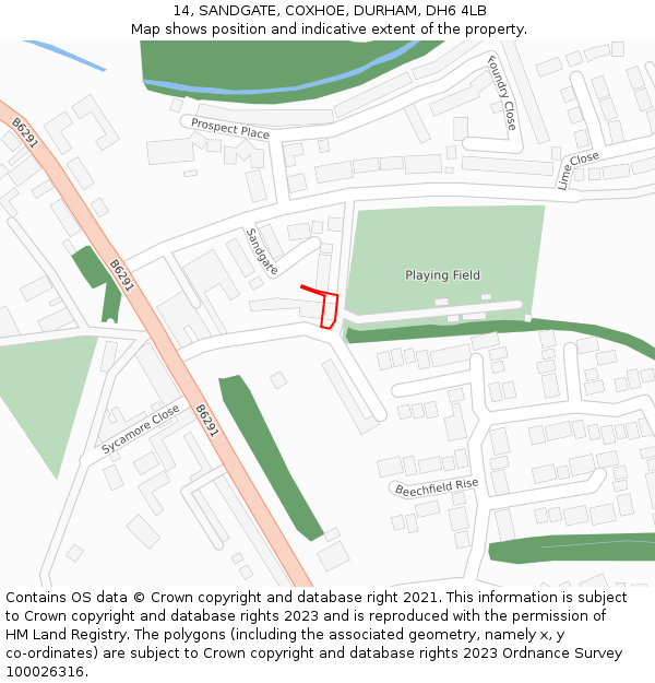 14, SANDGATE, COXHOE, DURHAM, DH6 4LB: Location map and indicative extent of plot