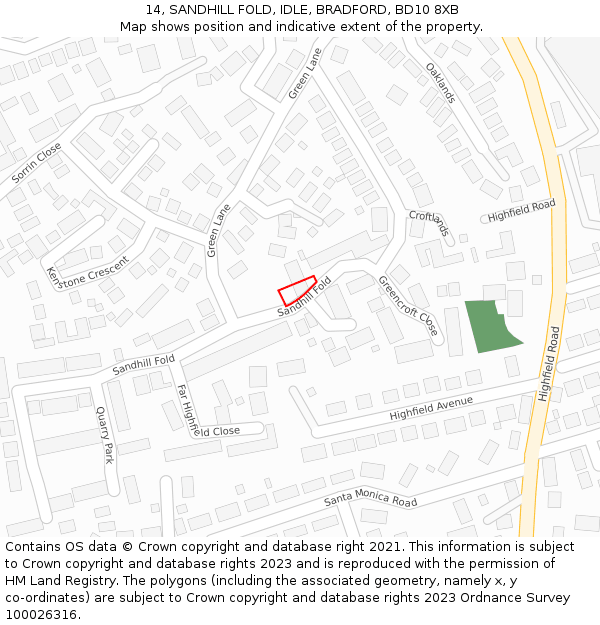 14, SANDHILL FOLD, IDLE, BRADFORD, BD10 8XB: Location map and indicative extent of plot