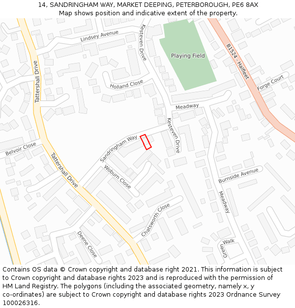 14, SANDRINGHAM WAY, MARKET DEEPING, PETERBOROUGH, PE6 8AX: Location map and indicative extent of plot